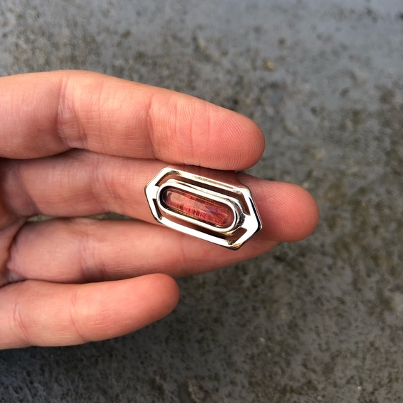 Silver Elongated Hexagon Ring with Peach Stone - Picture 2 of 15